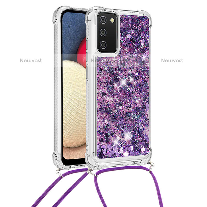 Silicone Candy Rubber TPU Bling-Bling Soft Case Cover with Lanyard Strap S03 for Samsung Galaxy A02s Purple