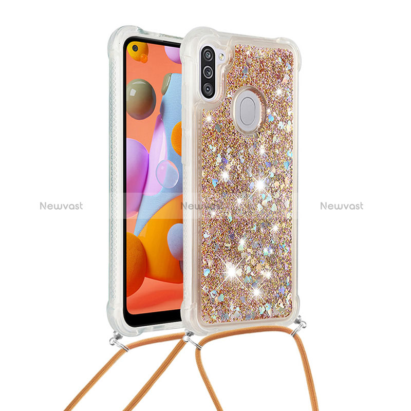 Silicone Candy Rubber TPU Bling-Bling Soft Case Cover with Lanyard Strap S03 for Samsung Galaxy A11 Gold