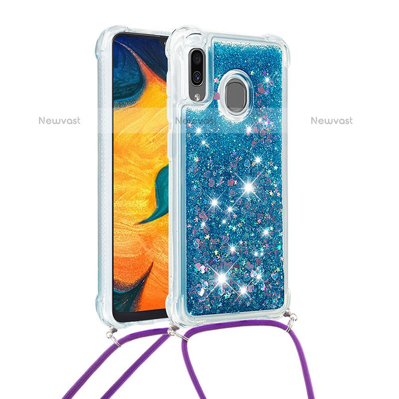 Silicone Candy Rubber TPU Bling-Bling Soft Case Cover with Lanyard Strap S03 for Samsung Galaxy A20 Blue