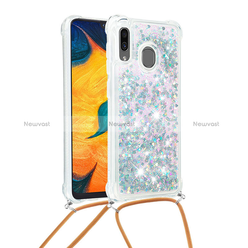 Silicone Candy Rubber TPU Bling-Bling Soft Case Cover with Lanyard Strap S03 for Samsung Galaxy A30 Silver