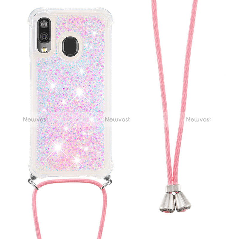 Silicone Candy Rubber TPU Bling-Bling Soft Case Cover with Lanyard Strap S03 for Samsung Galaxy A40 Pink