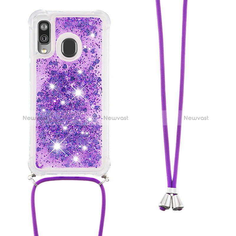 Silicone Candy Rubber TPU Bling-Bling Soft Case Cover with Lanyard Strap S03 for Samsung Galaxy A40 Purple
