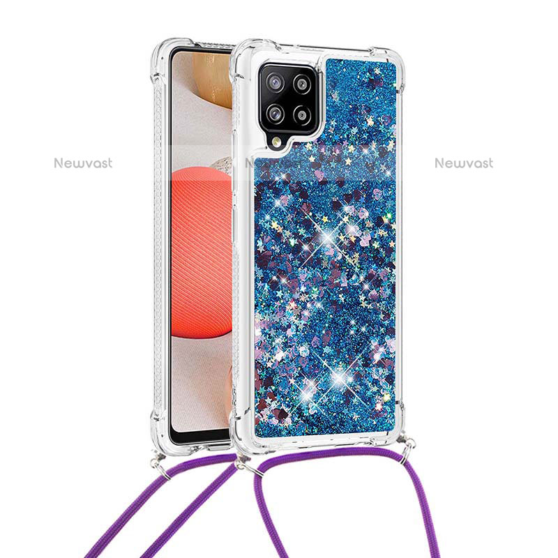 Silicone Candy Rubber TPU Bling-Bling Soft Case Cover with Lanyard Strap S03 for Samsung Galaxy A42 5G Blue