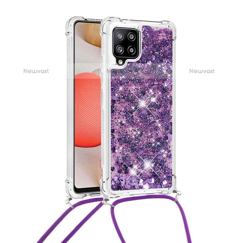 Silicone Candy Rubber TPU Bling-Bling Soft Case Cover with Lanyard Strap S03 for Samsung Galaxy A42 5G Purple