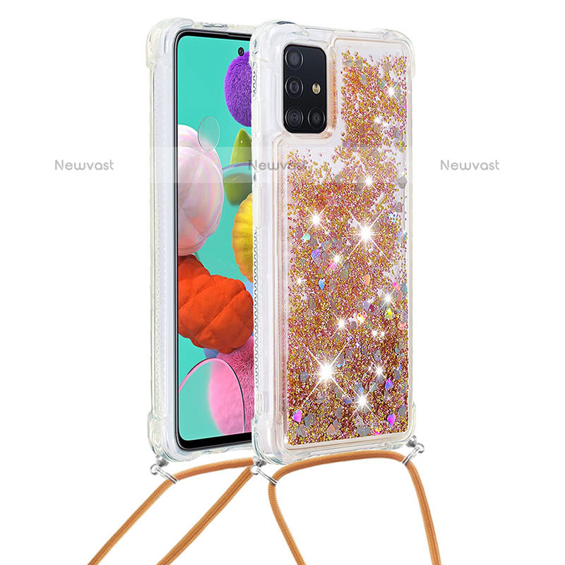 Silicone Candy Rubber TPU Bling-Bling Soft Case Cover with Lanyard Strap S03 for Samsung Galaxy A51 4G Gold