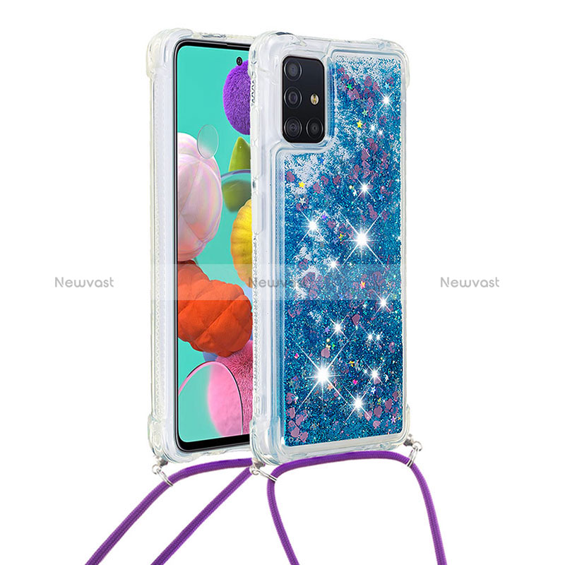 Silicone Candy Rubber TPU Bling-Bling Soft Case Cover with Lanyard Strap S03 for Samsung Galaxy A51 5G Blue