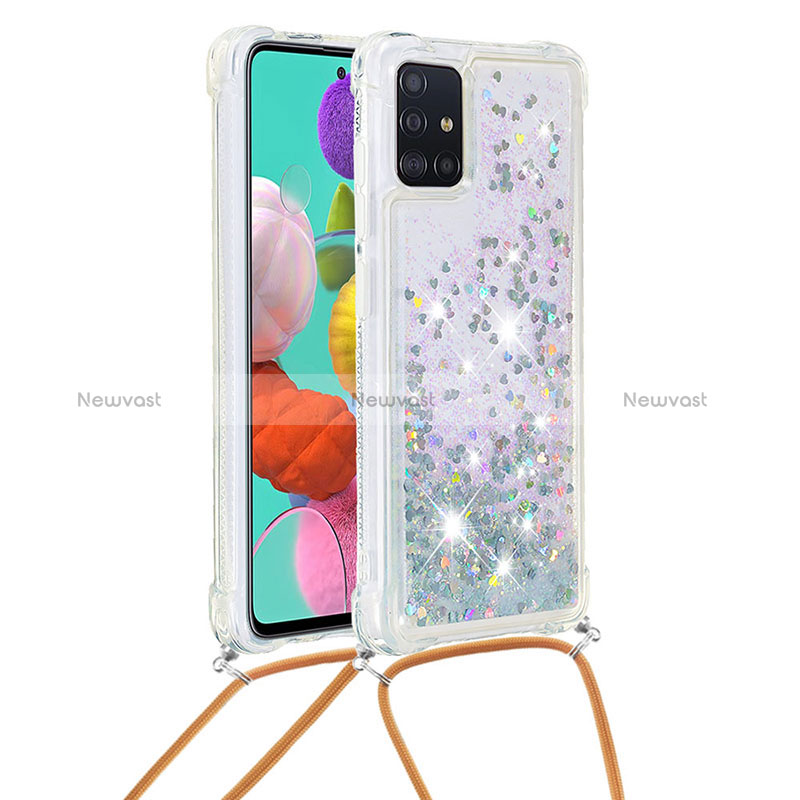 Silicone Candy Rubber TPU Bling-Bling Soft Case Cover with Lanyard Strap S03 for Samsung Galaxy A51 5G Silver