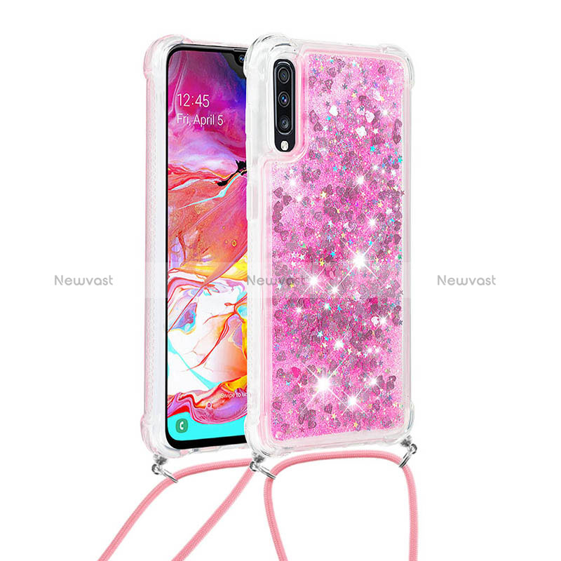 Silicone Candy Rubber TPU Bling-Bling Soft Case Cover with Lanyard Strap S03 for Samsung Galaxy A70 Hot Pink