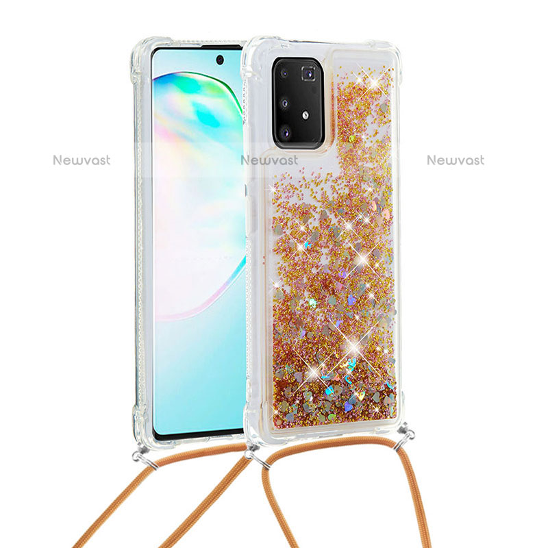 Silicone Candy Rubber TPU Bling-Bling Soft Case Cover with Lanyard Strap S03 for Samsung Galaxy A91 Gold