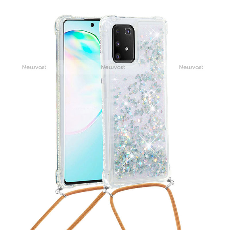 Silicone Candy Rubber TPU Bling-Bling Soft Case Cover with Lanyard Strap S03 for Samsung Galaxy A91 Silver