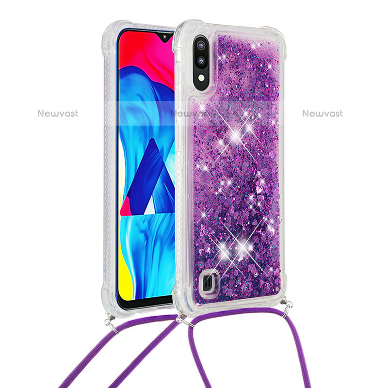 Silicone Candy Rubber TPU Bling-Bling Soft Case Cover with Lanyard Strap S03 for Samsung Galaxy M10 Purple