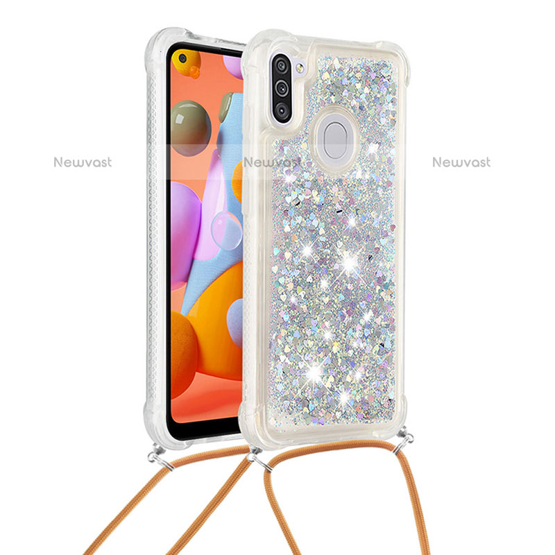 Silicone Candy Rubber TPU Bling-Bling Soft Case Cover with Lanyard Strap S03 for Samsung Galaxy M11 Silver