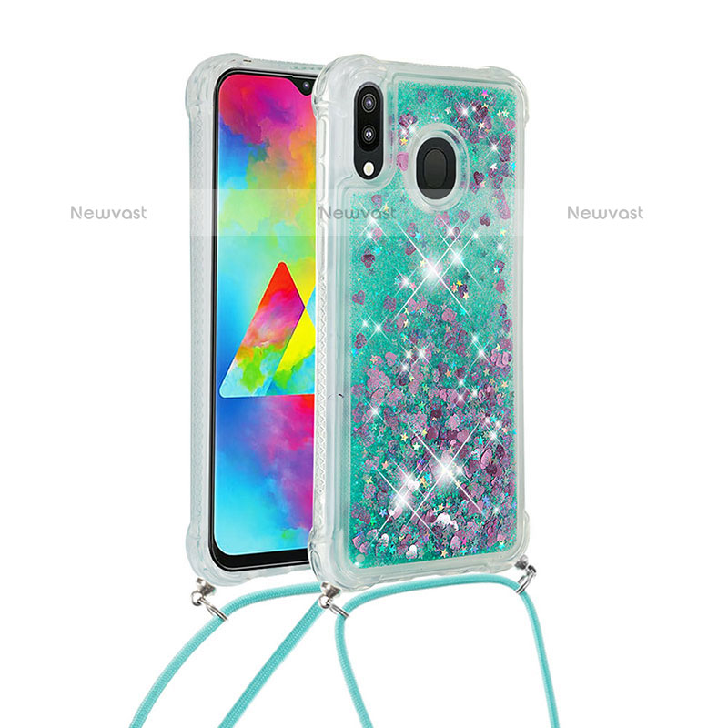 Silicone Candy Rubber TPU Bling-Bling Soft Case Cover with Lanyard Strap S03 for Samsung Galaxy M20 Green