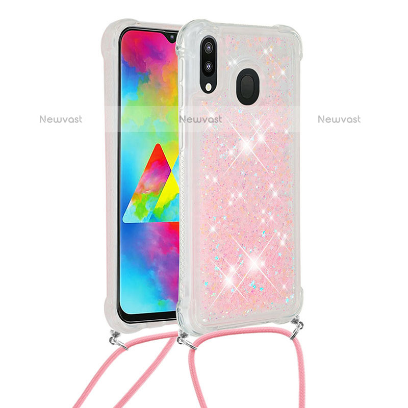 Silicone Candy Rubber TPU Bling-Bling Soft Case Cover with Lanyard Strap S03 for Samsung Galaxy M20 Pink