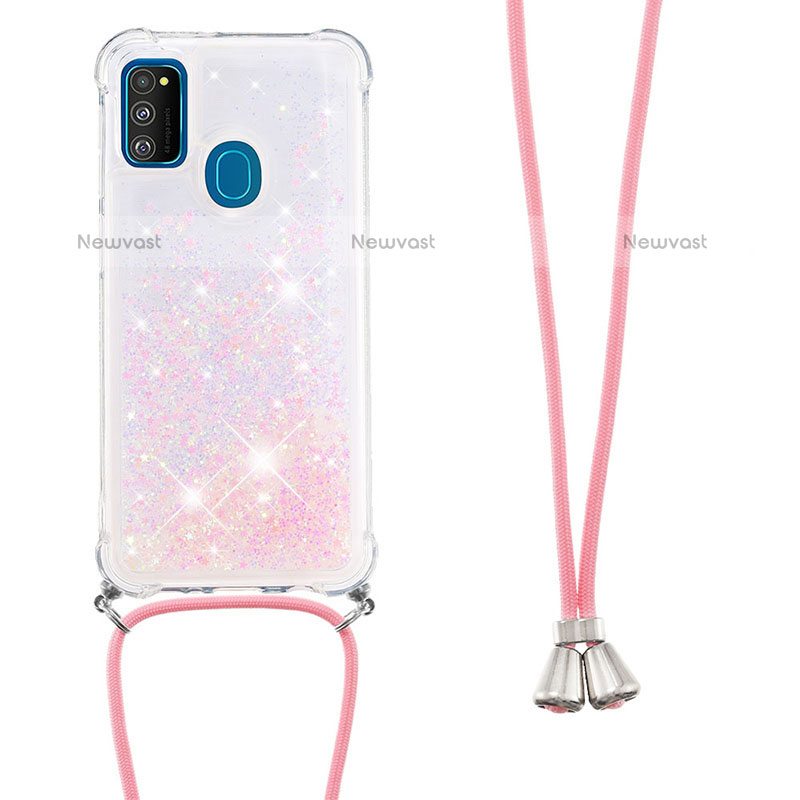 Silicone Candy Rubber TPU Bling-Bling Soft Case Cover with Lanyard Strap S03 for Samsung Galaxy M21 Pink