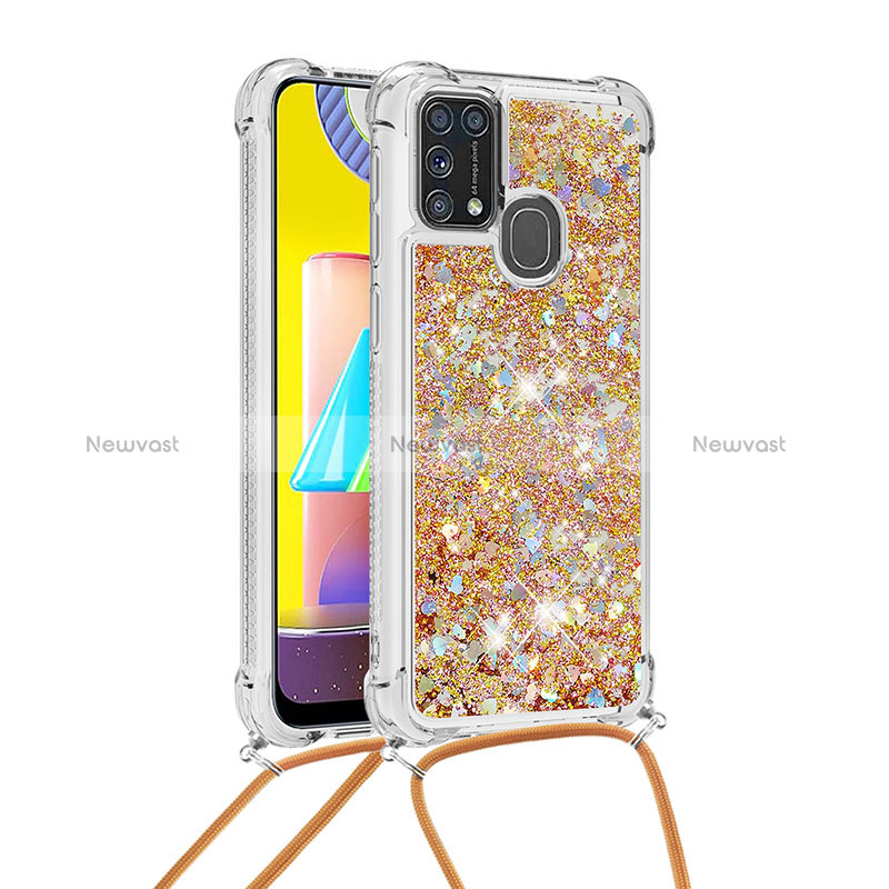 Silicone Candy Rubber TPU Bling-Bling Soft Case Cover with Lanyard Strap S03 for Samsung Galaxy M21s Gold