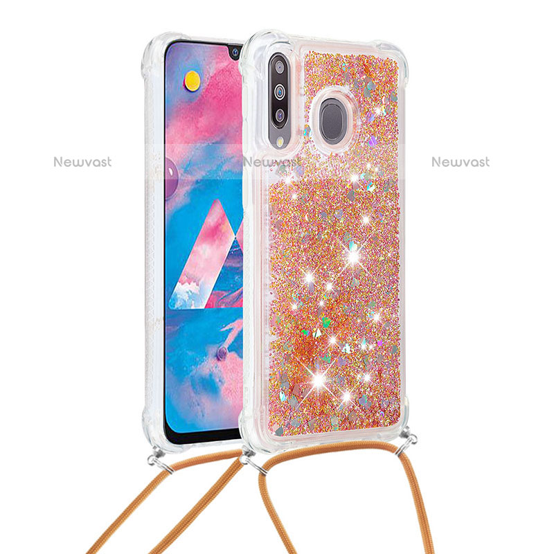 Silicone Candy Rubber TPU Bling-Bling Soft Case Cover with Lanyard Strap S03 for Samsung Galaxy M30 Gold