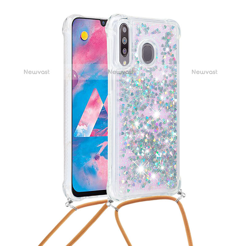 Silicone Candy Rubber TPU Bling-Bling Soft Case Cover with Lanyard Strap S03 for Samsung Galaxy M30 Silver
