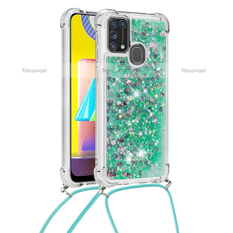 Silicone Candy Rubber TPU Bling-Bling Soft Case Cover with Lanyard Strap S03 for Samsung Galaxy M31 Green