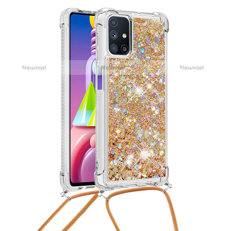 Silicone Candy Rubber TPU Bling-Bling Soft Case Cover with Lanyard Strap S03 for Samsung Galaxy M51 Gold
