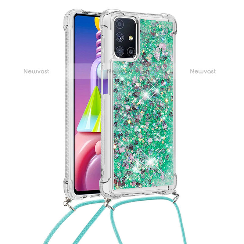 Silicone Candy Rubber TPU Bling-Bling Soft Case Cover with Lanyard Strap S03 for Samsung Galaxy M51 Green