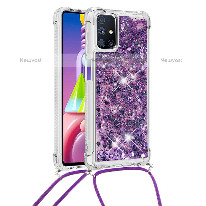 Silicone Candy Rubber TPU Bling-Bling Soft Case Cover with Lanyard Strap S03 for Samsung Galaxy M51 Purple