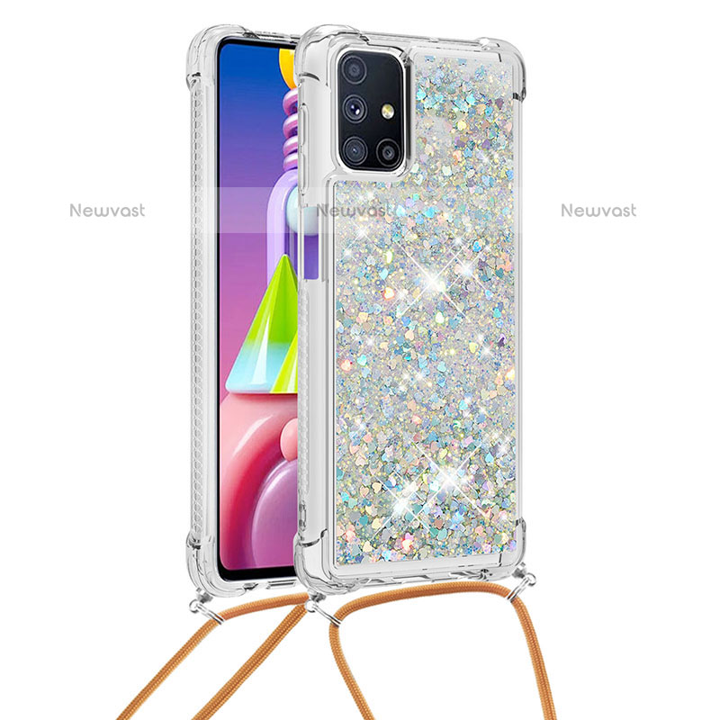 Silicone Candy Rubber TPU Bling-Bling Soft Case Cover with Lanyard Strap S03 for Samsung Galaxy M51 Silver