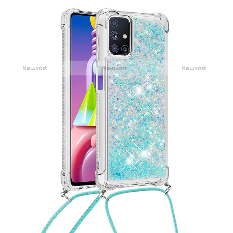 Silicone Candy Rubber TPU Bling-Bling Soft Case Cover with Lanyard Strap S03 for Samsung Galaxy M51 Sky Blue