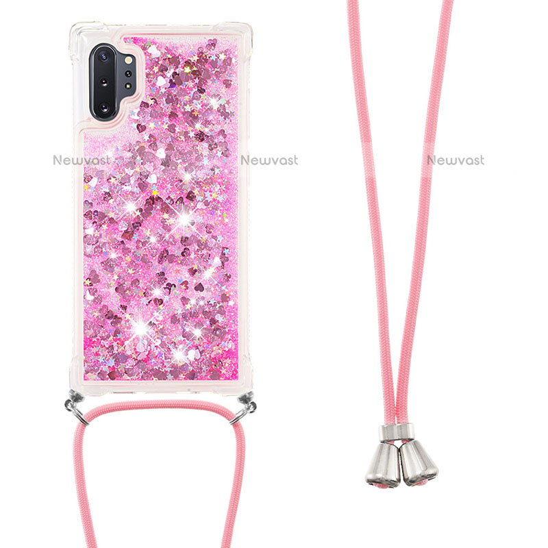 Silicone Candy Rubber TPU Bling-Bling Soft Case Cover with Lanyard Strap S03 for Samsung Galaxy Note 10 Plus 5G Hot Pink