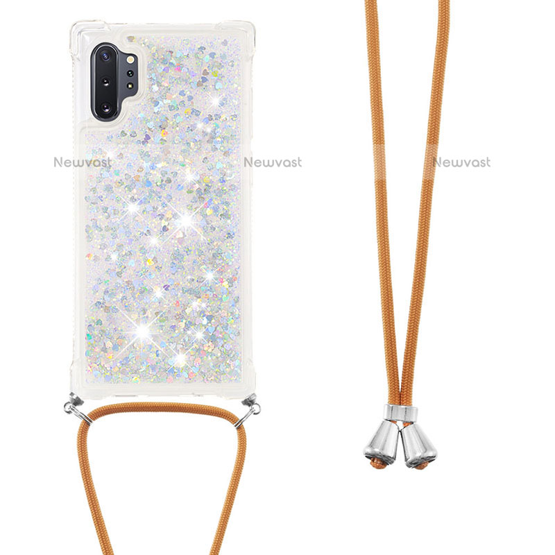 Silicone Candy Rubber TPU Bling-Bling Soft Case Cover with Lanyard Strap S03 for Samsung Galaxy Note 10 Plus 5G Silver