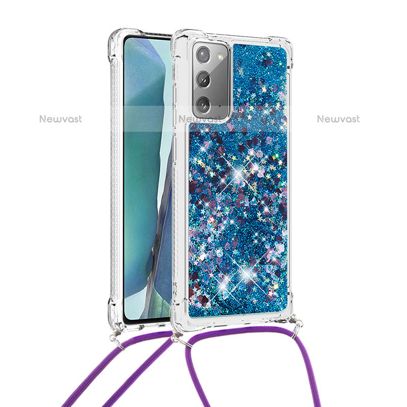 Silicone Candy Rubber TPU Bling-Bling Soft Case Cover with Lanyard Strap S03 for Samsung Galaxy Note 20 5G Blue