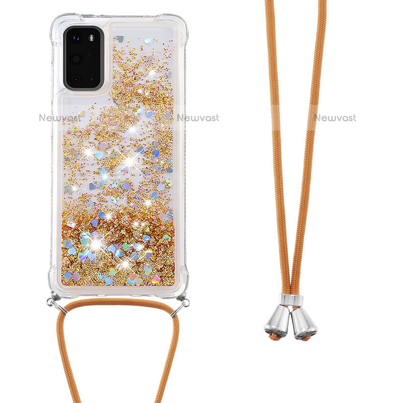 Silicone Candy Rubber TPU Bling-Bling Soft Case Cover with Lanyard Strap S03 for Samsung Galaxy S20 Gold