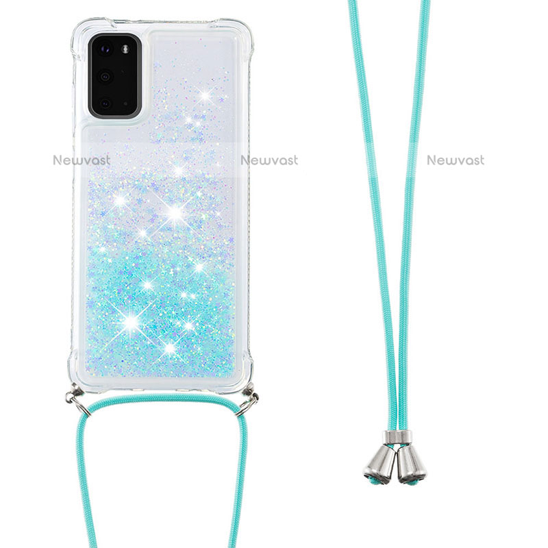 Silicone Candy Rubber TPU Bling-Bling Soft Case Cover with Lanyard Strap S03 for Samsung Galaxy S20 Sky Blue
