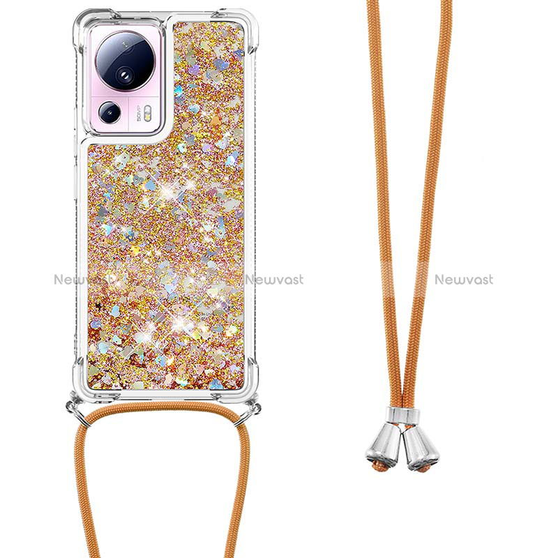 Silicone Candy Rubber TPU Bling-Bling Soft Case Cover with Lanyard Strap S03 for Xiaomi Mi 13 Lite 5G Gold