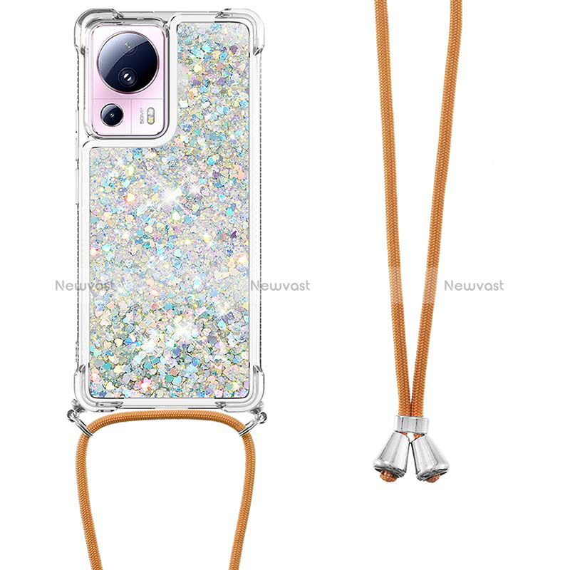 Silicone Candy Rubber TPU Bling-Bling Soft Case Cover with Lanyard Strap S03 for Xiaomi Mi 13 Lite 5G Silver