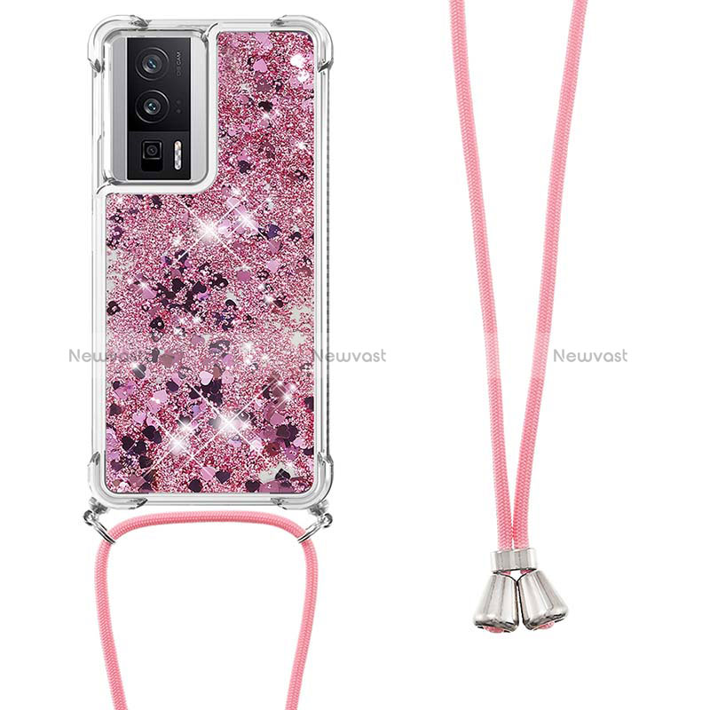 Silicone Candy Rubber TPU Bling-Bling Soft Case Cover with Lanyard Strap S03 for Xiaomi Poco F5 Pro 5G Clove Purple