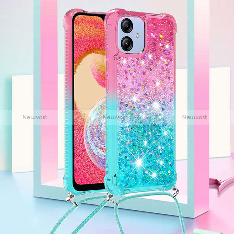 Silicone Candy Rubber TPU Bling-Bling Soft Case Cover with Lanyard Strap YB1 for Samsung Galaxy M04 Pink