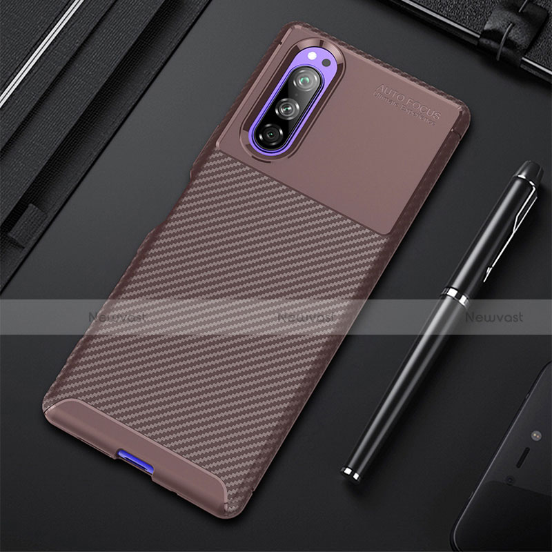 Silicone Candy Rubber TPU Twill Soft Case Cover for Sony Xperia 5 Brown