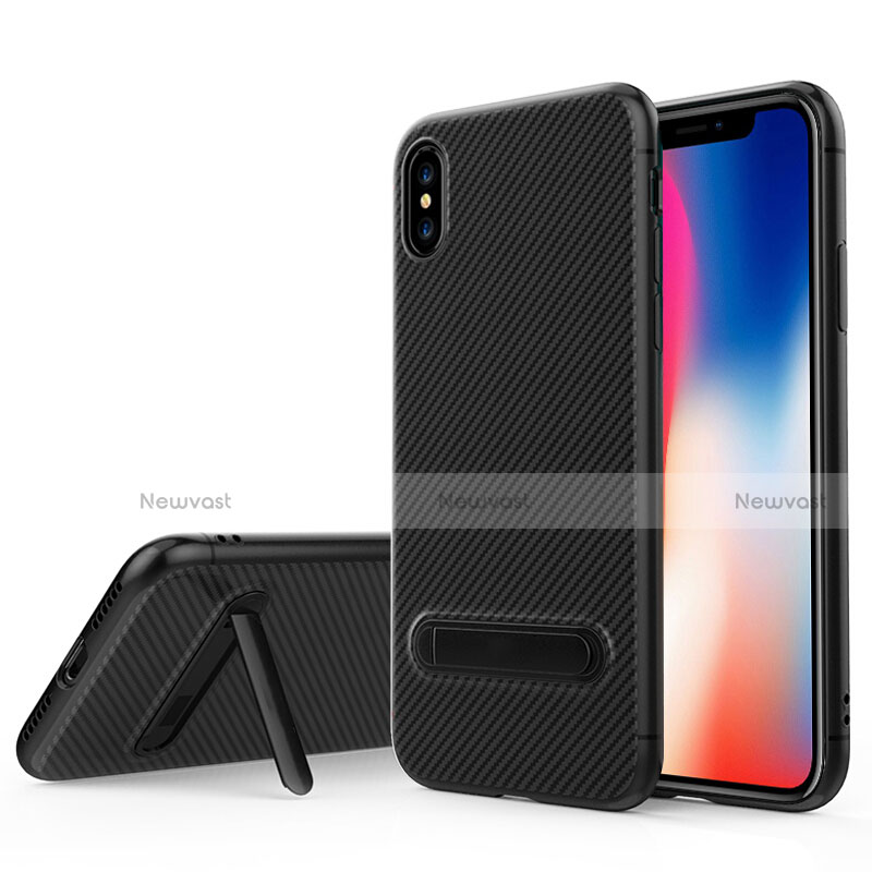 Silicone Candy Rubber TPU Twill Soft Case with Stand for Apple iPhone Xs Black