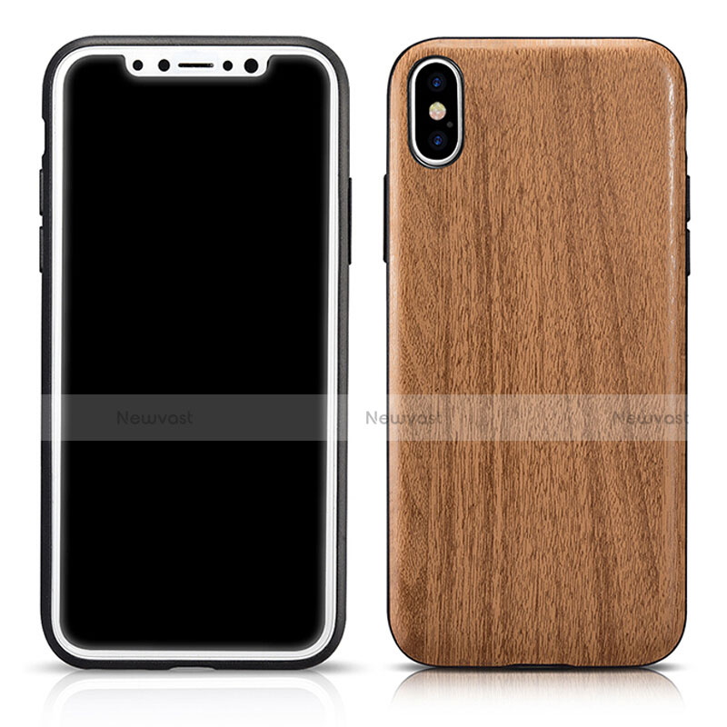 Silicone Candy Rubber Wood-Grain Pattern Soft Case for Apple iPhone Xs Brown