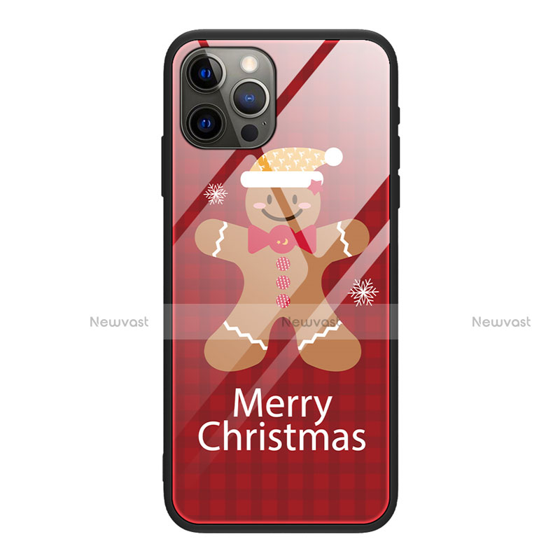 Silicone Frame Christmas Pattern Mirror Case Cover for Apple iPhone 12 Pro Max Red Wine