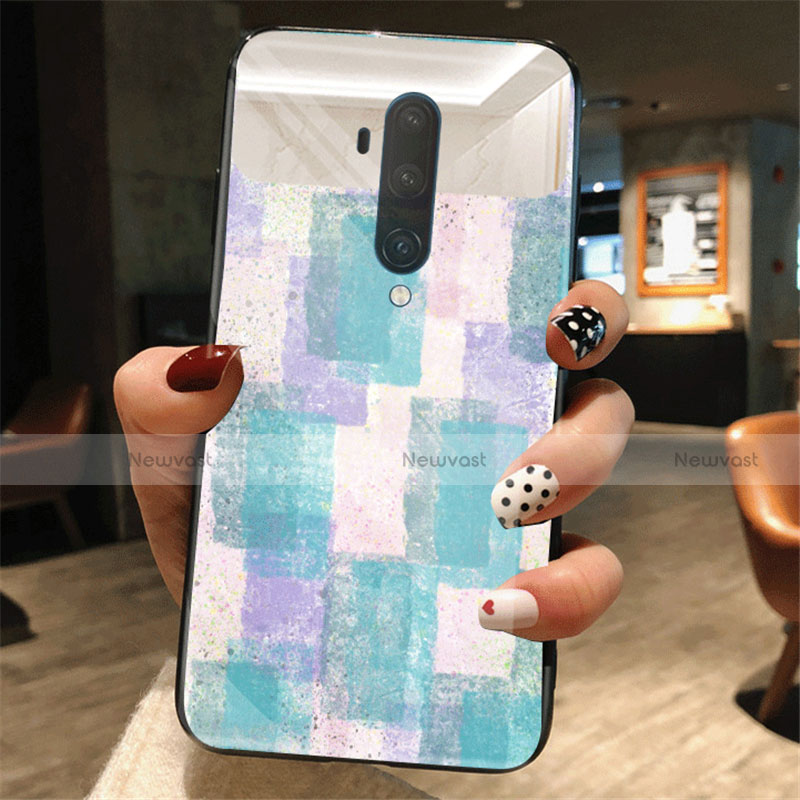 Silicone Frame Fashionable Pattern Mirror Case Cover K01 for OnePlus 7T Pro Blue