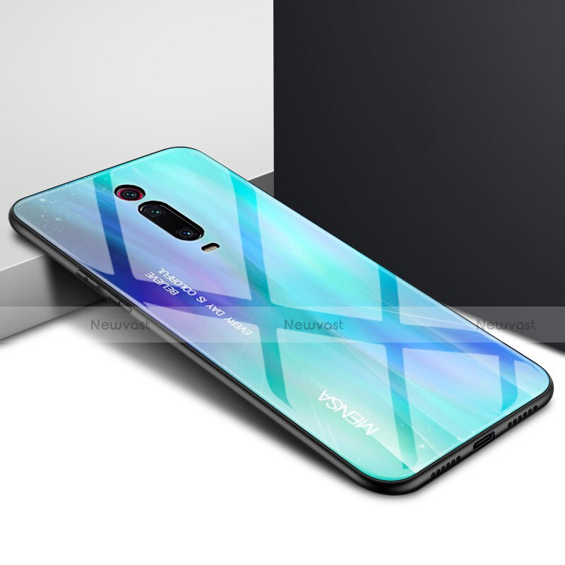 Silicone Frame Fashionable Pattern Mirror Case Cover K04 for Xiaomi Mi 9T Pro Cyan