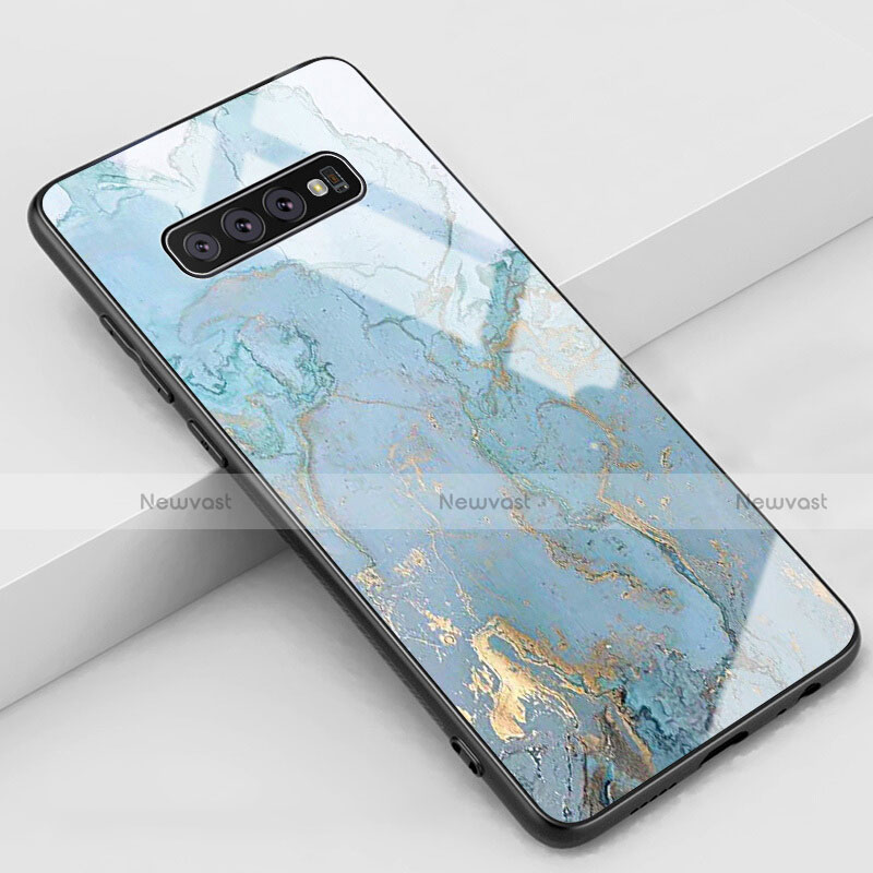 Silicone Frame Fashionable Pattern Mirror Case Cover K06 for Samsung Galaxy S10 Cyan