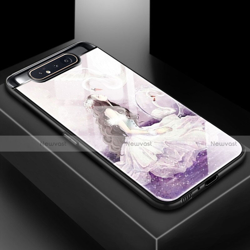 Silicone Frame Fashionable Pattern Mirror Case Cover S01 for Samsung Galaxy A80 Purple