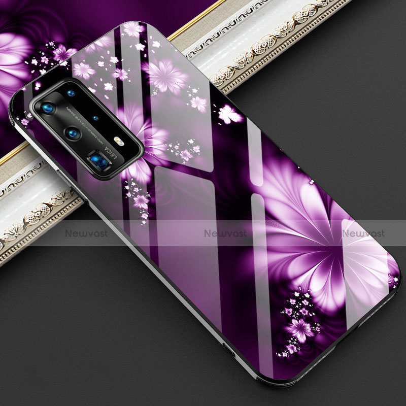 Silicone Frame Flowers Mirror Case Cover for Huawei P40 Pro+ Plus Purple