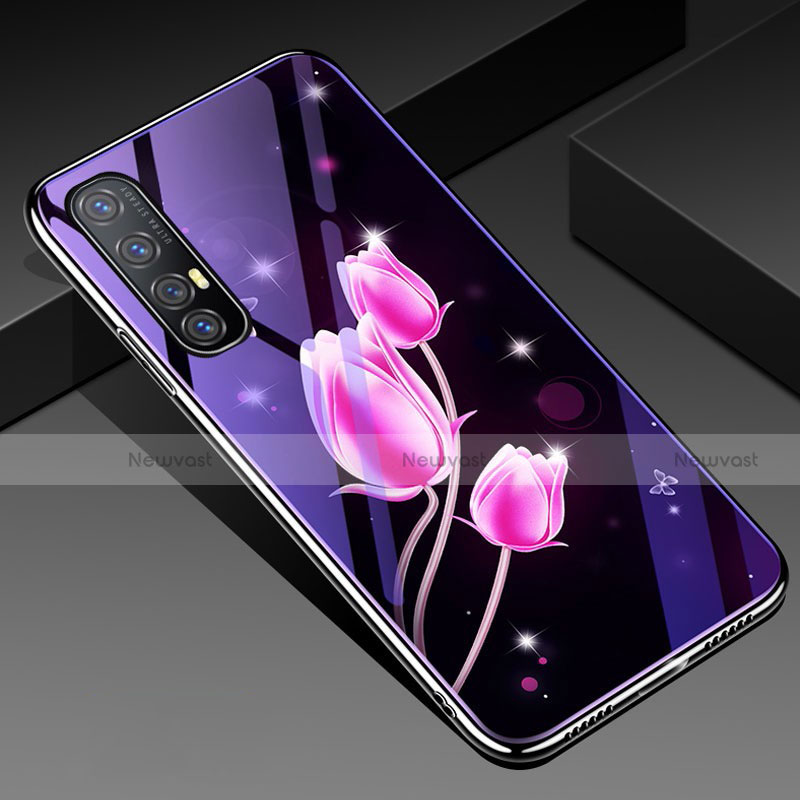 Silicone Frame Flowers Mirror Case Cover for Oppo Find X2 Neo Hot Pink