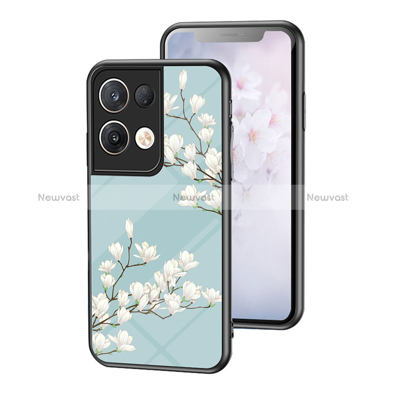 Silicone Frame Flowers Mirror Case Cover for Oppo Reno8 Pro+ Plus 5G Cyan