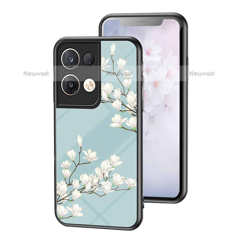 Silicone Frame Flowers Mirror Case Cover for Oppo Reno9 Pro+ Plus 5G Cyan