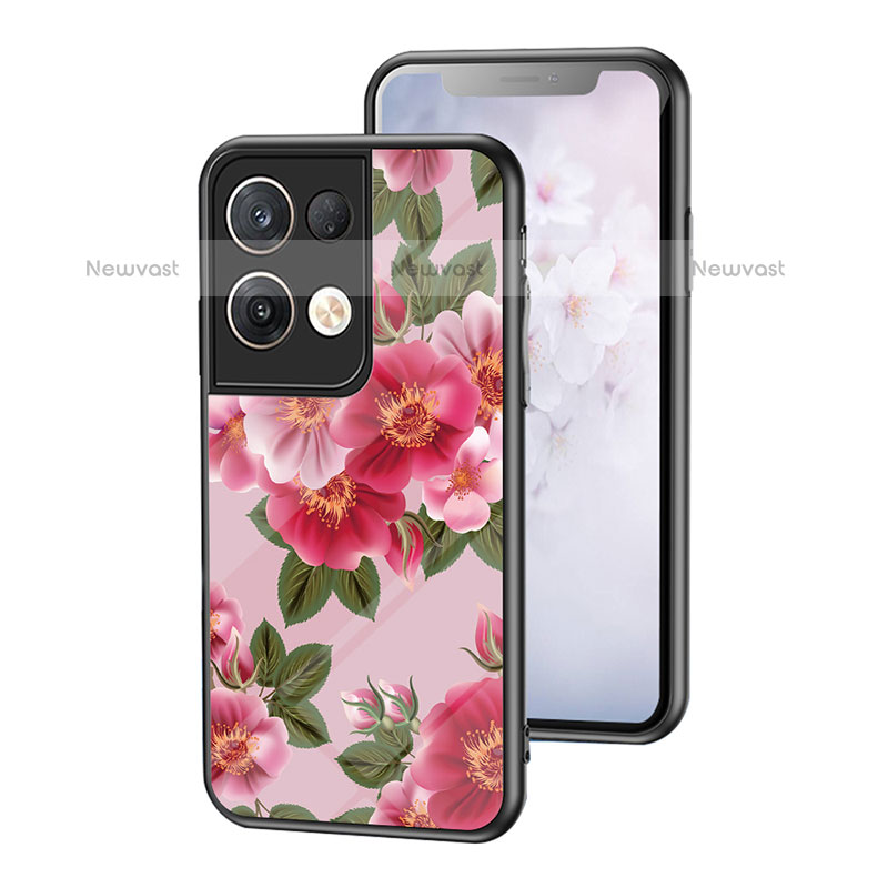 Silicone Frame Flowers Mirror Case Cover for Oppo Reno9 Pro+ Plus 5G Red